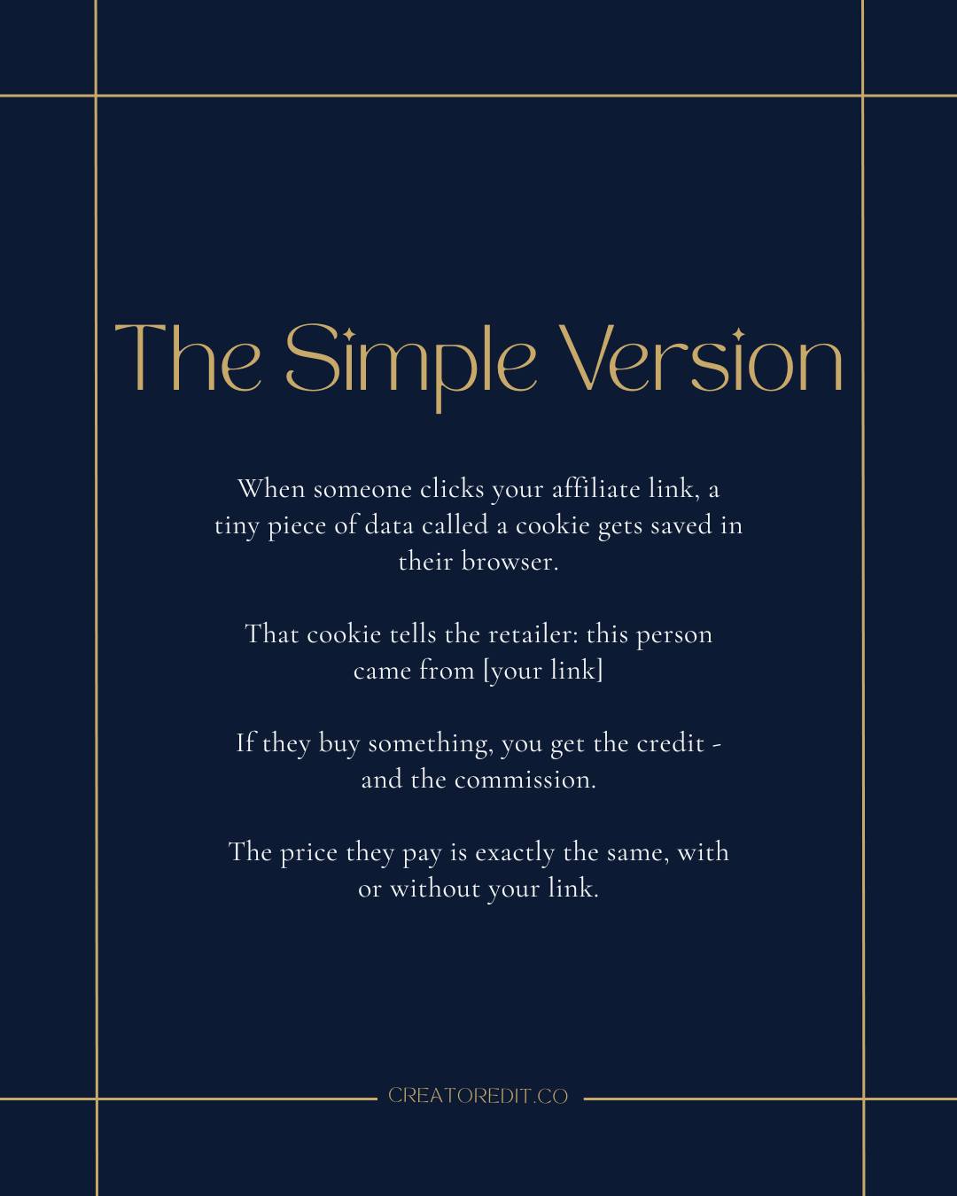 The Simple Version: When someone clicks your affiliate link, a tiny piece of data called a cookie gets saved in their browser. That cookie tells the retailer: this person came from [your link]. If they buy something, you get the credit - and the commission. The price they pay is exactly the same, with or without your link. CREATOREDIT.CO